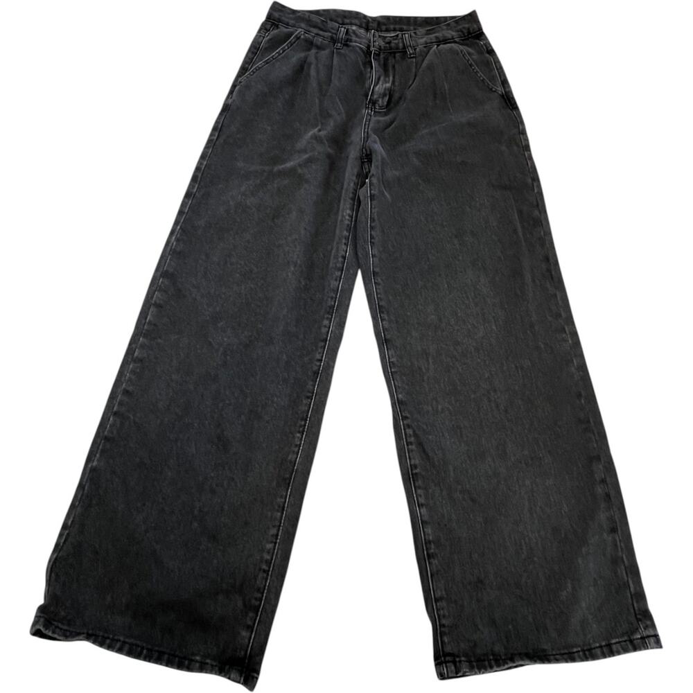 Womens Wide Leg Jeans Black Wash High Rise Baggy Denim Size 14 W32